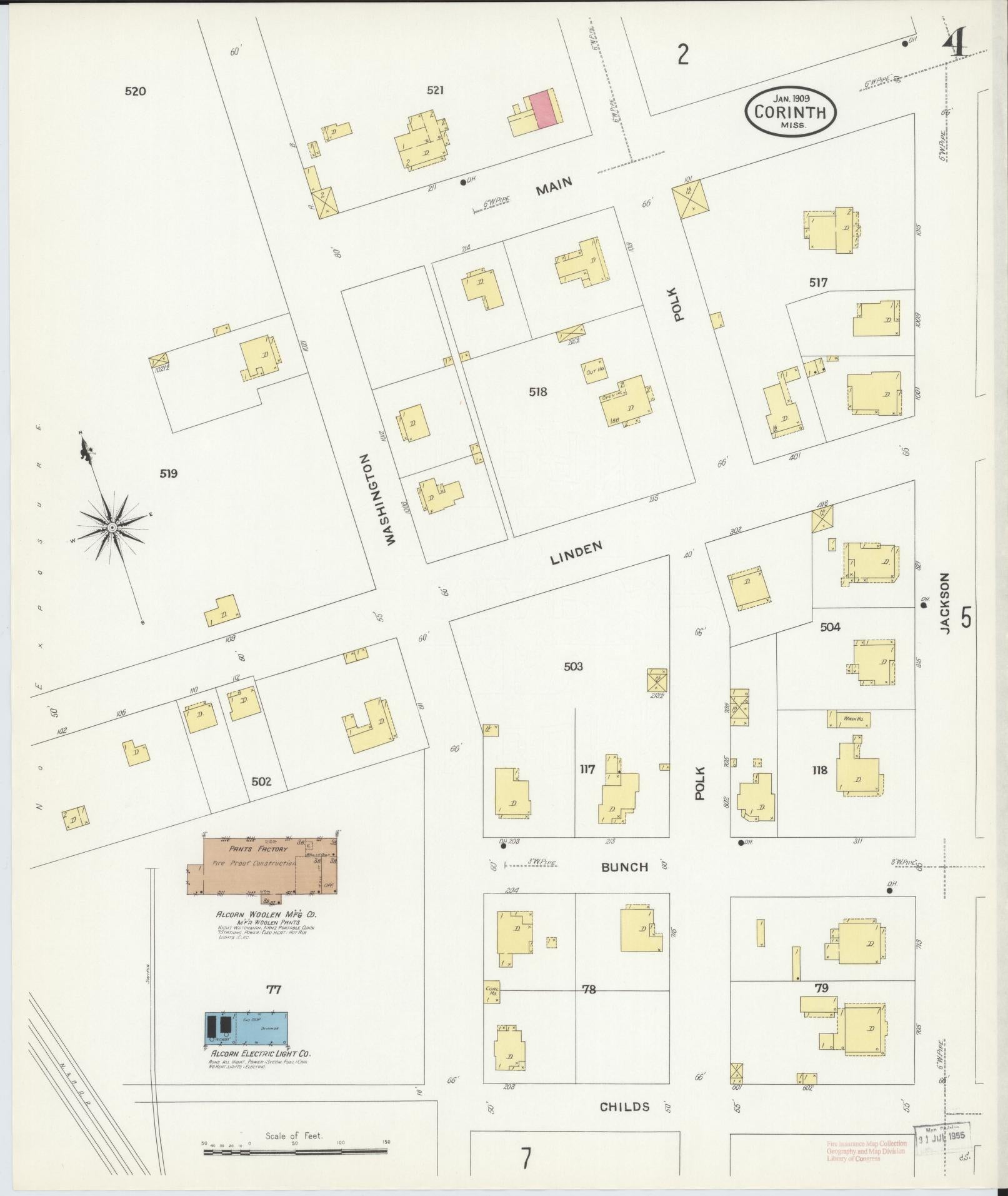 Sanborn Fire Insurance Map from Corinth, Alcorn County, Mississippi (1909), Sheet #0004 - Historic Sanborn Fire Insurance Map Print, vintage old map wall art, antique decor, genealogy gift, Mississippi Mississippi map