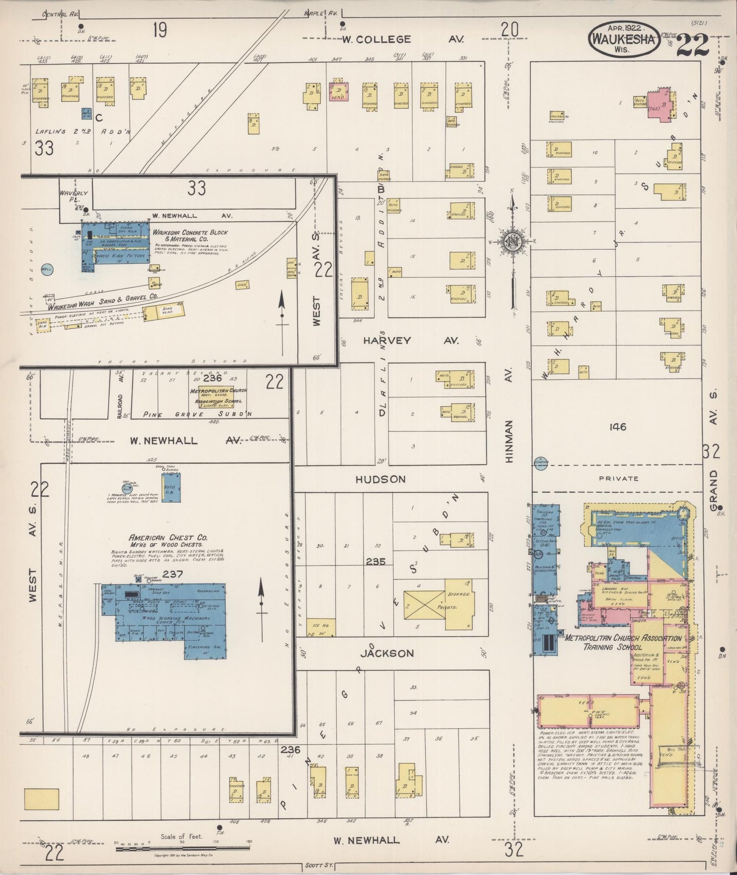 Sanborn Fire Insurance Map from Waukesha, Waukesha County, Wisconsin (1922), Sheet #0022 - Historic Sanborn Fire Insurance Map Print, vintage old map wall art, antique decor, genealogy gift, Wisconsin Wisconsin map