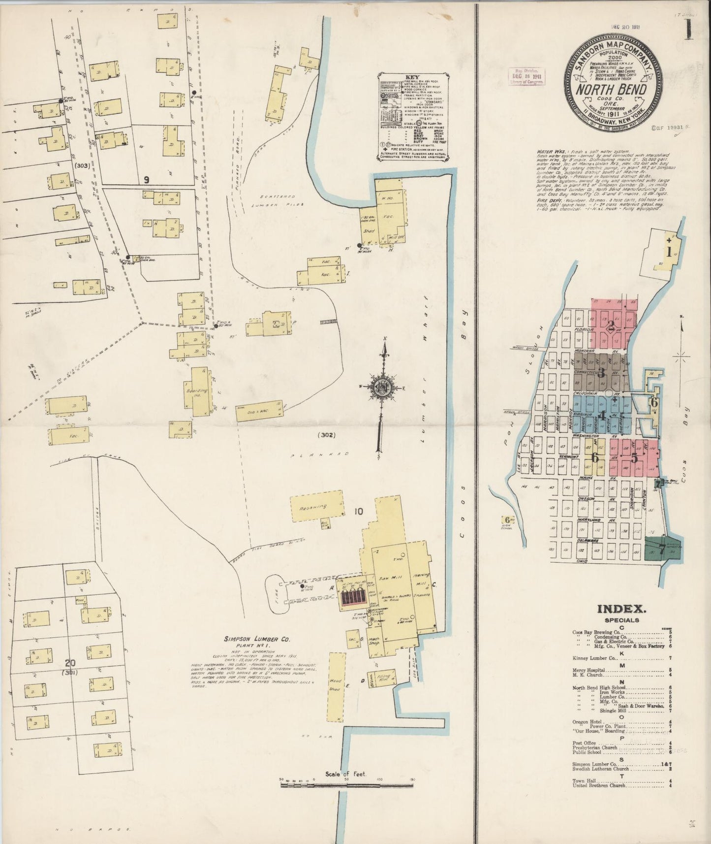 Sanborn Fire Insurance Map from North Bend, Coos County, Oregon (1911), Sheet #0001 - Historic Sanborn Fire Insurance Map Print, vintage old map wall art, antique decor, genealogy gift, Oregon Oregon map