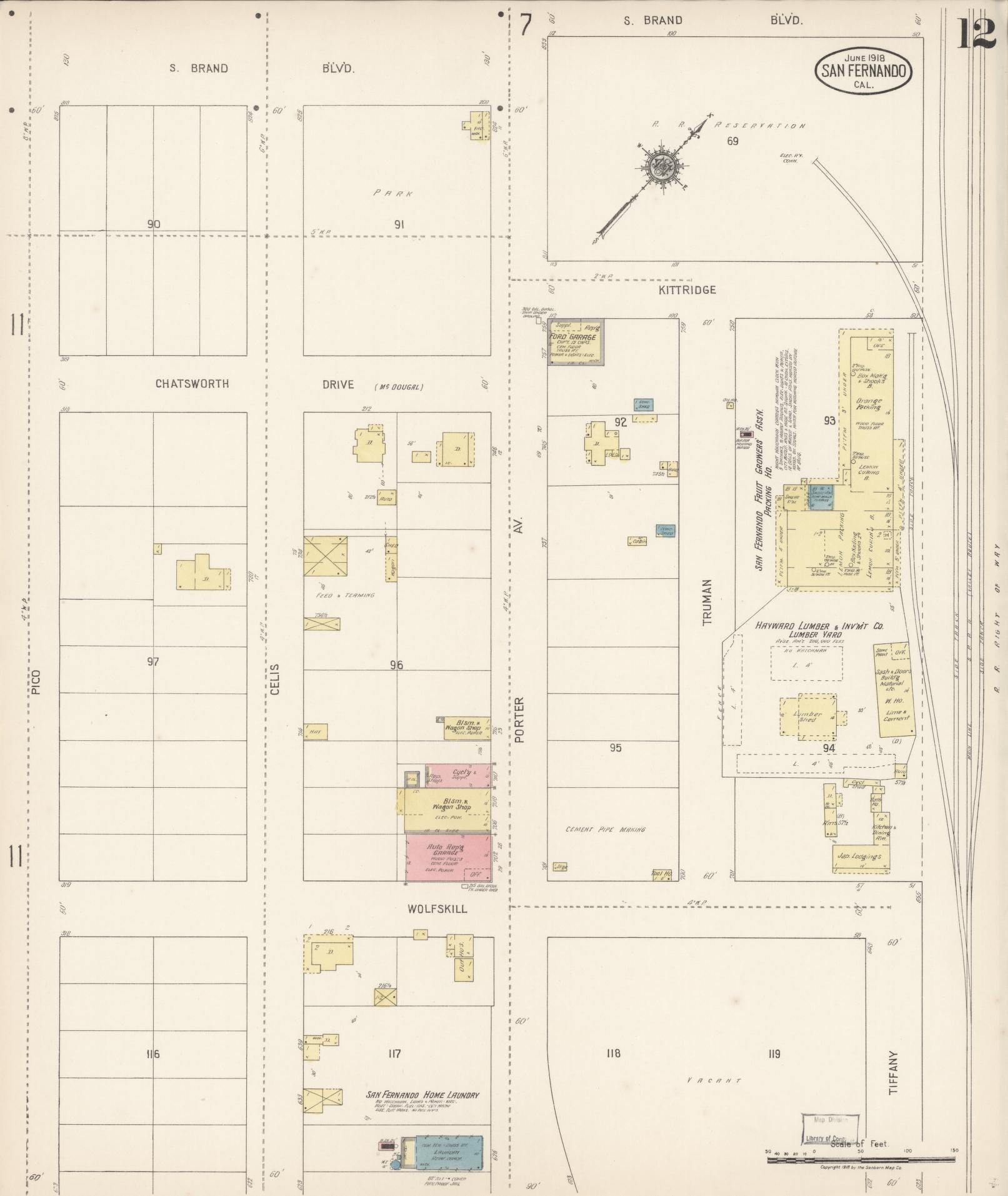 Sanborn Fire Insurance Map from San Fernando, Los Angeles County, California (1918), Sheet #0012 - Complete Map Set gallery image, historic Sanborn map, vintage wall art, California California