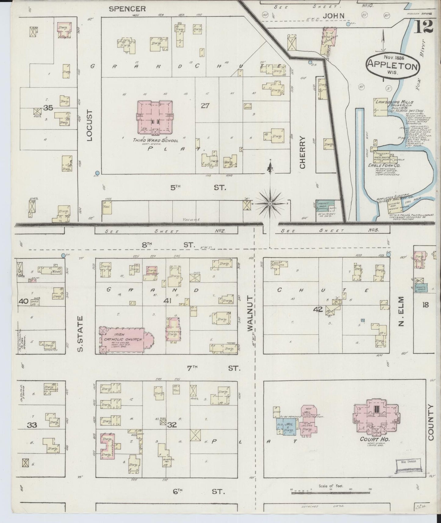 Sanborn Fire Insurance Map from Appleton, Outagamie County, Wisconsin (1886), Sheet #0012 - Complete Map Set gallery image, historic Sanborn map, vintage wall art, Wisconsin Wisconsin
