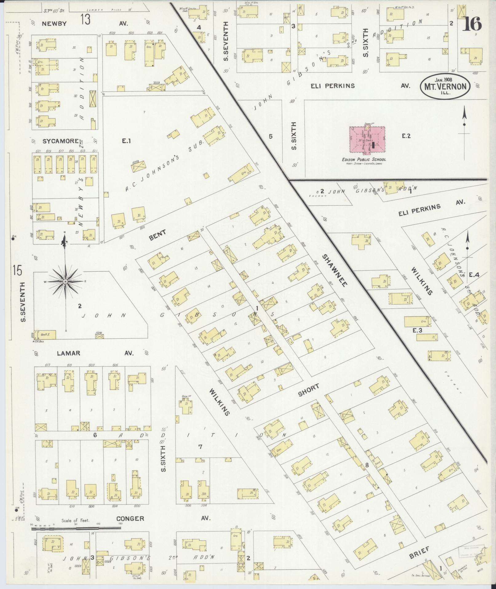 Sanborn Fire Insurance Map from Mount Vernon, Jefferson County, Illinois (1908), Sheet #0016 - Complete Map Set gallery image, historic Sanborn map, vintage wall art, Illinois Illinois