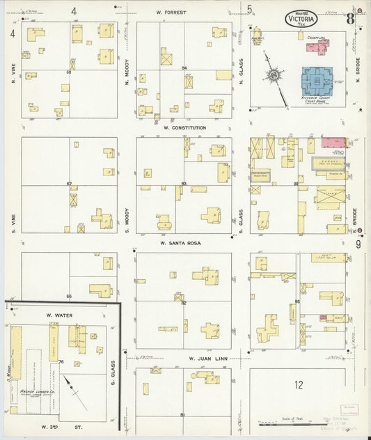 Sanborn Fire Insurance Map from Victoria, Victoria County, Texas (1912), Sheet #0008 - Historic Sanborn Fire Insurance Map Print, vintage old map wall art, antique decor, genealogy gift, Texas Texas map
