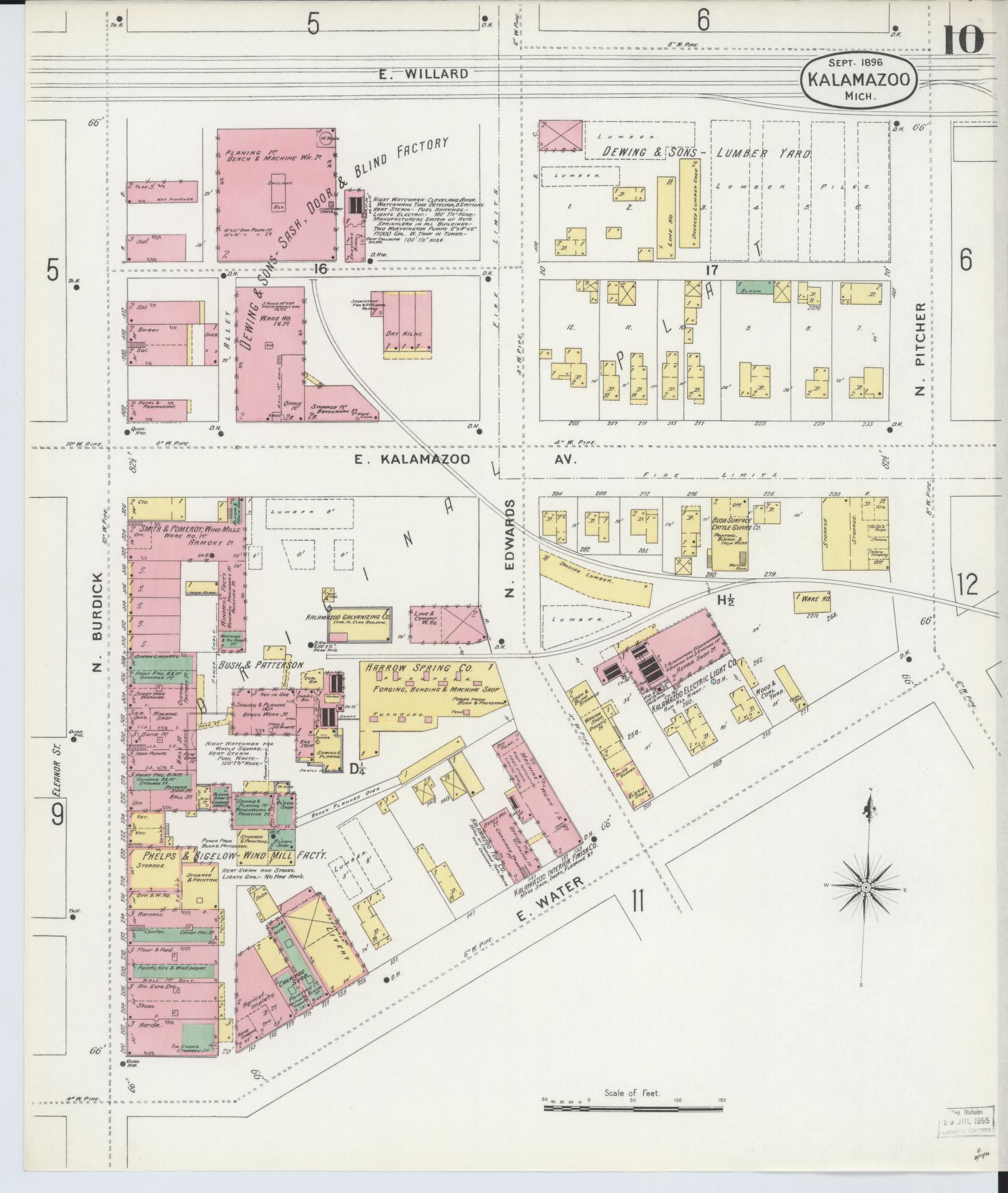 Sanborn Fire Insurance Map from Kalamazoo, Kalamazoo County, Michigan (1896), Sheet #0010 - Historic Sanborn Fire Insurance Map Print, vintage old map wall art, antique decor, genealogy gift, Michigan Michigan map
