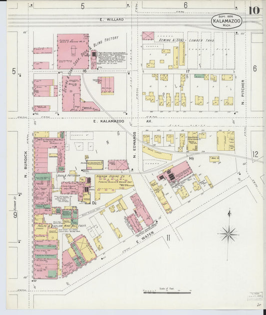 Sanborn Fire Insurance Map from Kalamazoo, Kalamazoo County, Michigan (1896), Sheet #0010 - Historic Sanborn Fire Insurance Map Print, vintage old map wall art, antique decor, genealogy gift, Michigan Michigan map