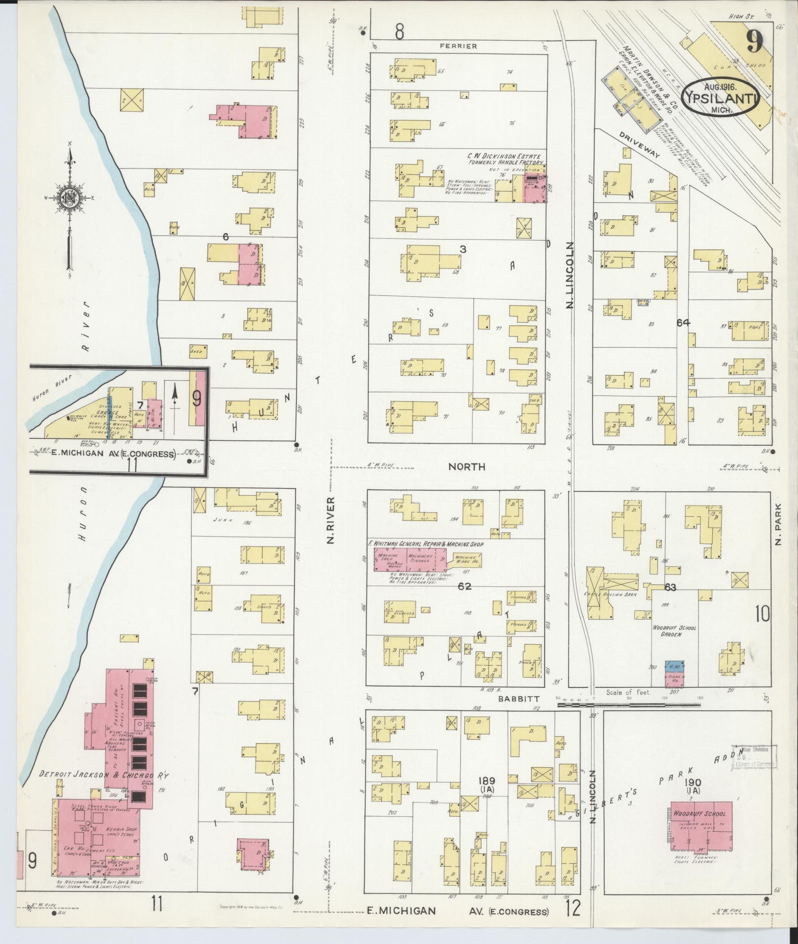 Sanborn Fire Insurance Map from Ypsilanti, Washtenaw County, Michigan (1916), Sheet #0009 - Complete Map Set gallery image, historic Sanborn map, vintage wall art, Michigan Michigan
