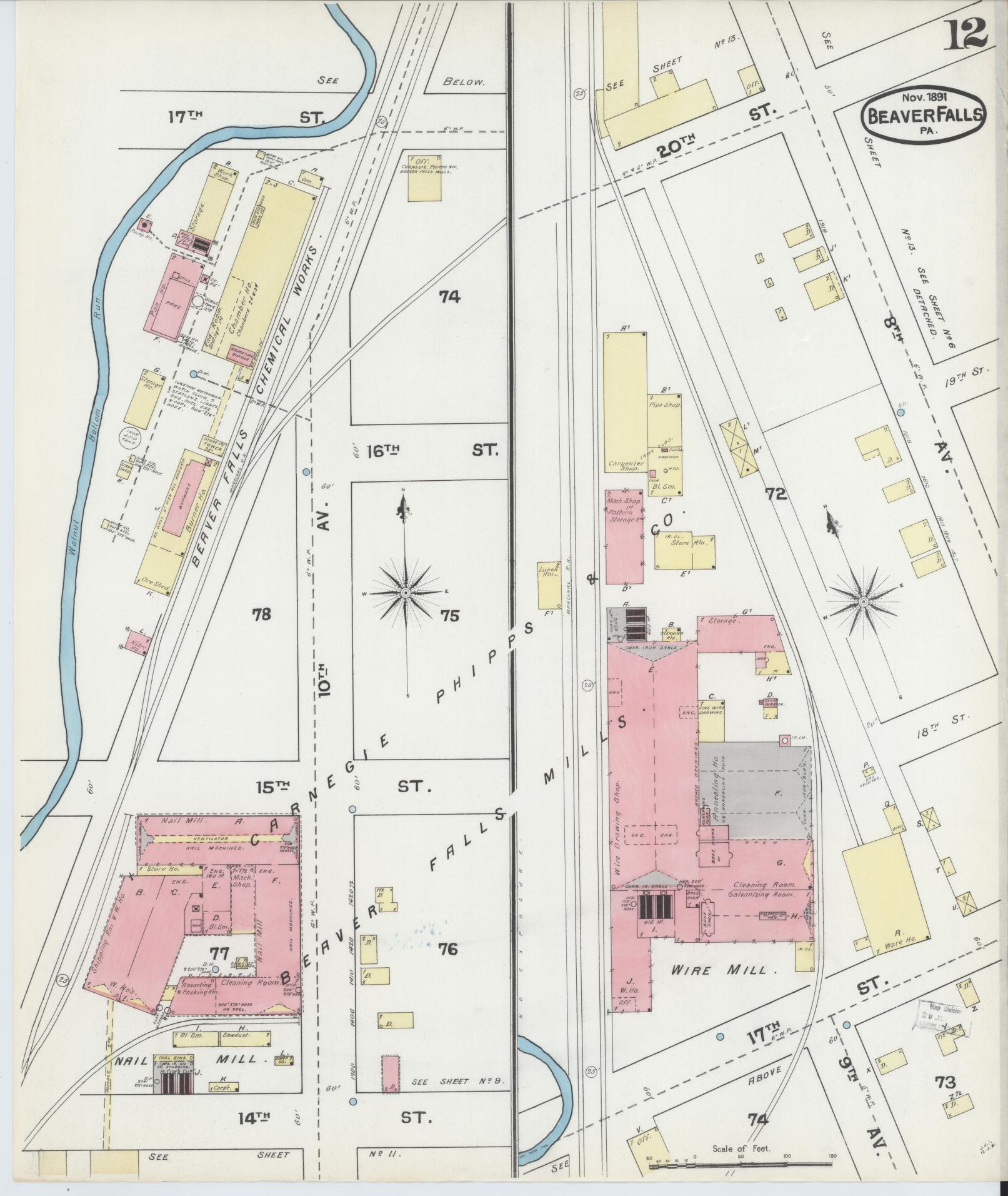 Sanborn Fire Insurance Map from Beaver Falls, Beaver County, Pennsylvania (1891), Sheet #0012 - Historic Sanborn Fire Insurance Map Print, vintage old map wall art, antique decor, genealogy gift, Pennsylvania Pennsylvania map