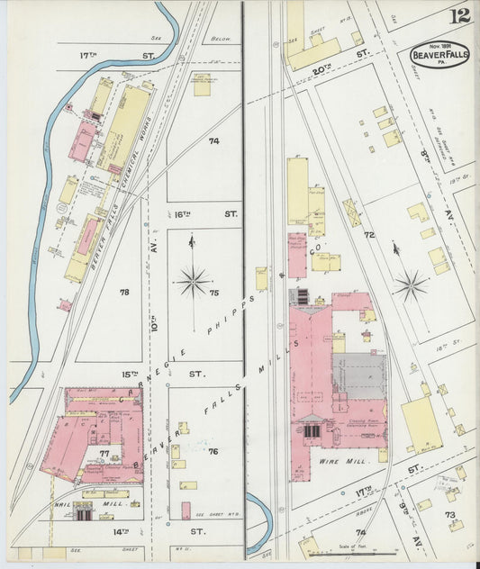 Sanborn Fire Insurance Map from Beaver Falls, Beaver County, Pennsylvania (1891), Sheet #0012 - Historic Sanborn Fire Insurance Map Print, vintage old map wall art, antique decor, genealogy gift, Pennsylvania Pennsylvania map