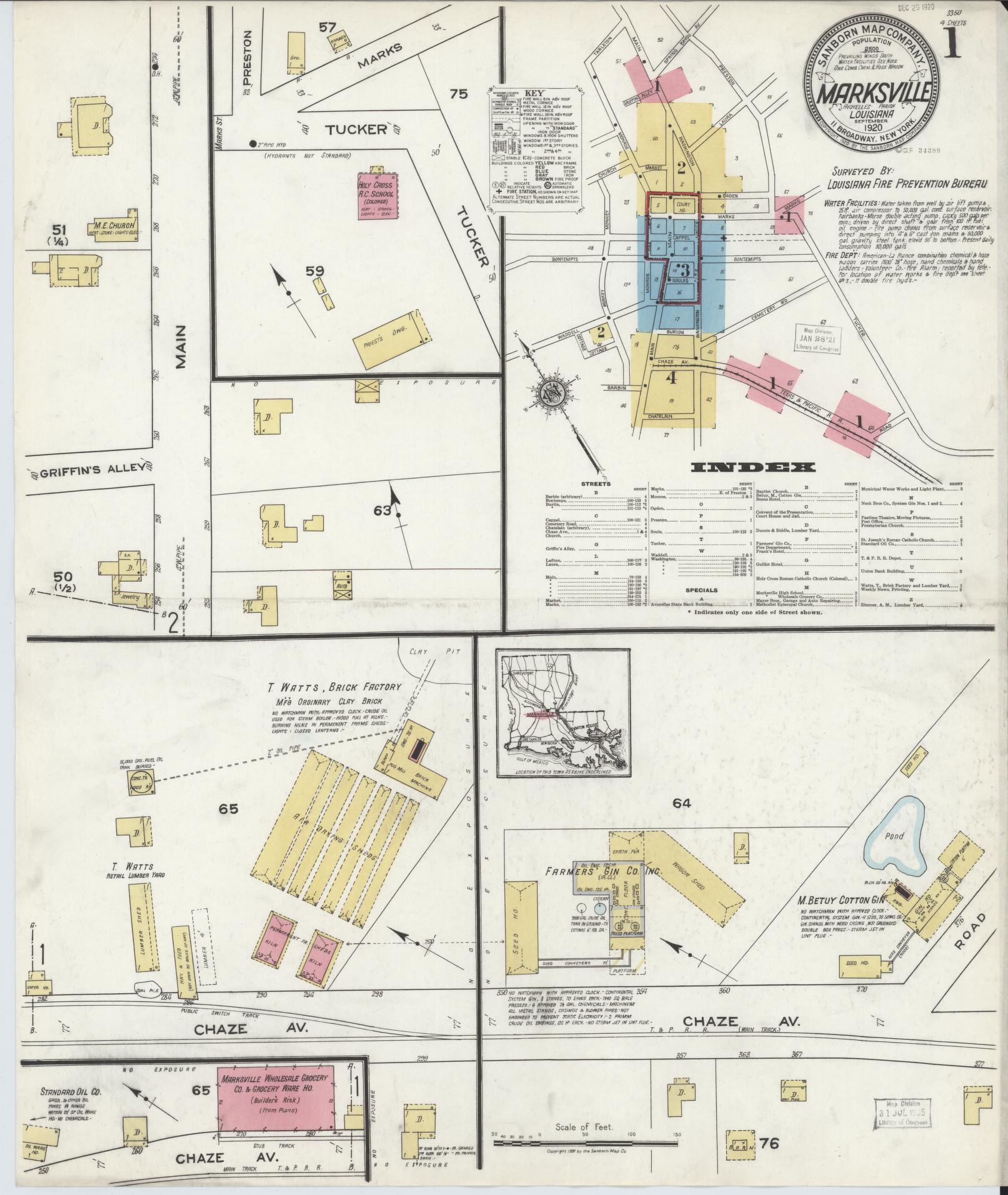 Sanborn Fire Insurance Map from Marksville, Avoyelles Parish, Louisiana (1920), Sheet #0001 - Historic Sanborn Fire Insurance Map Print, vintage old map wall art, antique decor, genealogy gift, Louisiana Louisiana map