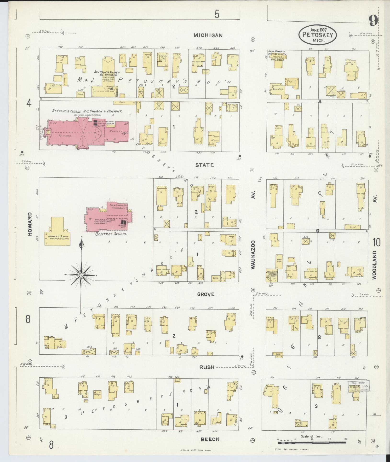 Sanborn Fire Insurance Map from Petoskey, Emmet County, Michigan (1907), Sheet #0009 - Complete Map Set gallery image, historic Sanborn map, vintage wall art, Michigan Michigan