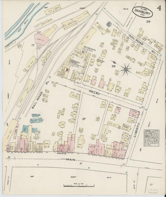 Sanborn Fire Insurance Map from Danbury, Fairfield County, Connecticut (1884), Sheet #0004 - Historic Sanborn Fire Insurance Map Print, vintage old map wall art, antique decor, genealogy gift, Connecticut Connecticut map