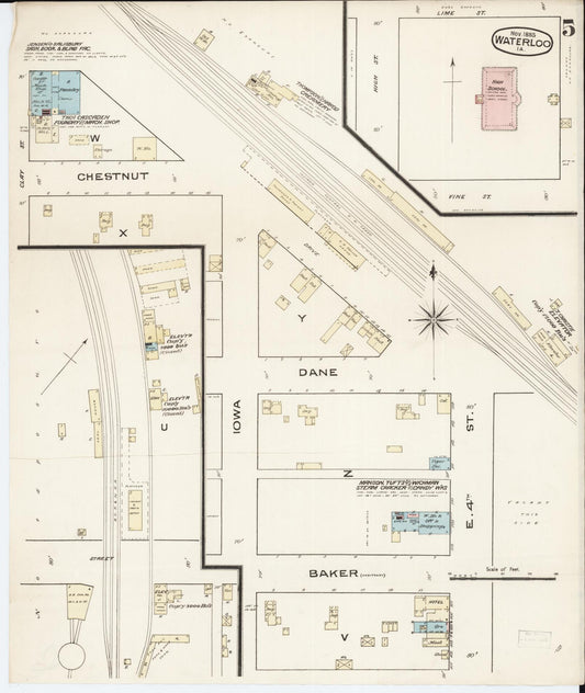Sanborn Fire Insurance Map from Waterloo, Black Hawk County, Iowa (1885), Sheet #0005 - Historic Sanborn Fire Insurance Map Print, vintage old map wall art