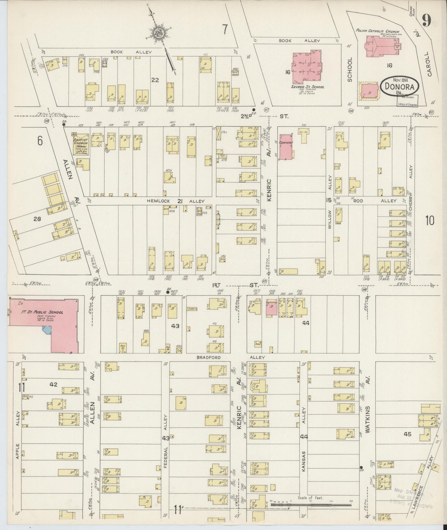 Sanborn Fire Insurance Map from Donora, Washington County, Pennsylvania (1914), Sheet #0009 - Historic Sanborn Fire Insurance Map Print, vintage old map wall art, antique decor, genealogy gift, Pennsylvania Pennsylvania map