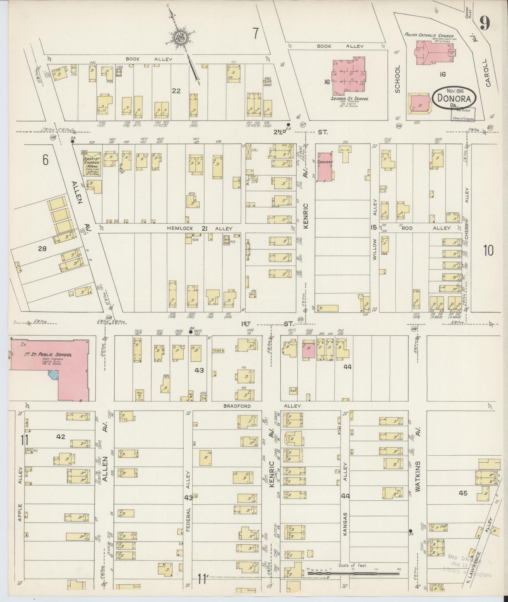 Sanborn Fire Insurance Map from Donora, Washington County, Pennsylvania (1914), Sheet #0009 - Historic Sanborn Fire Insurance Map Print, vintage old map wall art, antique decor, genealogy gift, Pennsylvania Pennsylvania map