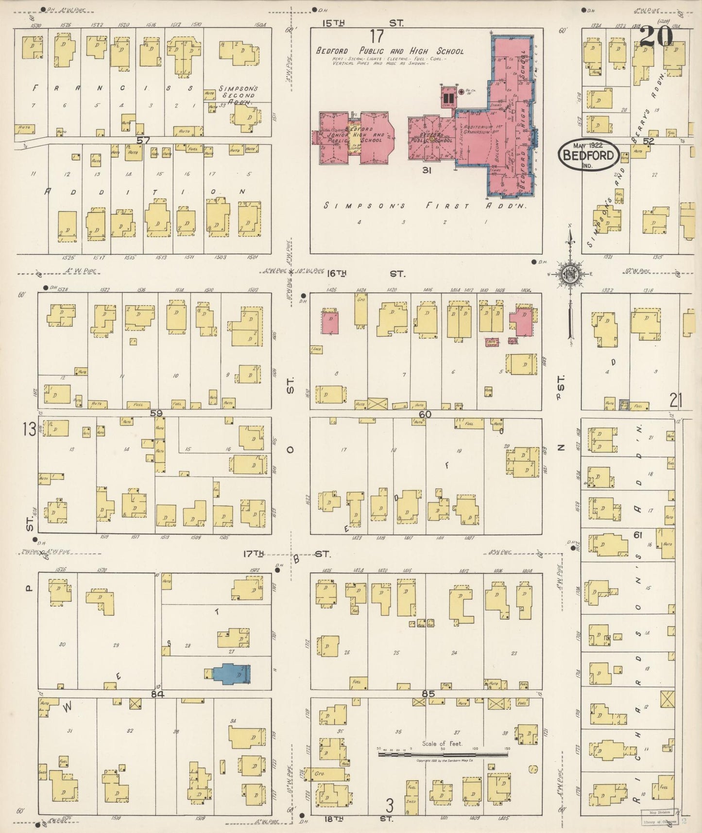 Sanborn Fire Insurance Map from Bedford, Lawrence County, Indiana (1922), Sheet #0020 - Complete Map Set gallery image, historic Sanborn map, vintage wall art, Indiana Indiana
