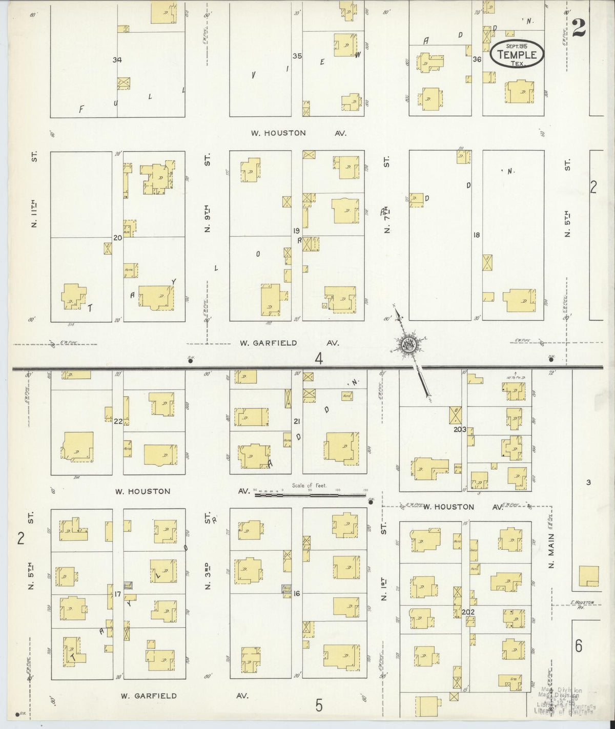 Sanborn Fire Insurance Map from Temple, Bell County, Texas (1915), Sheet #0002 - Complete Map Set gallery image, historic Sanborn map, vintage wall art, Texas Texas
