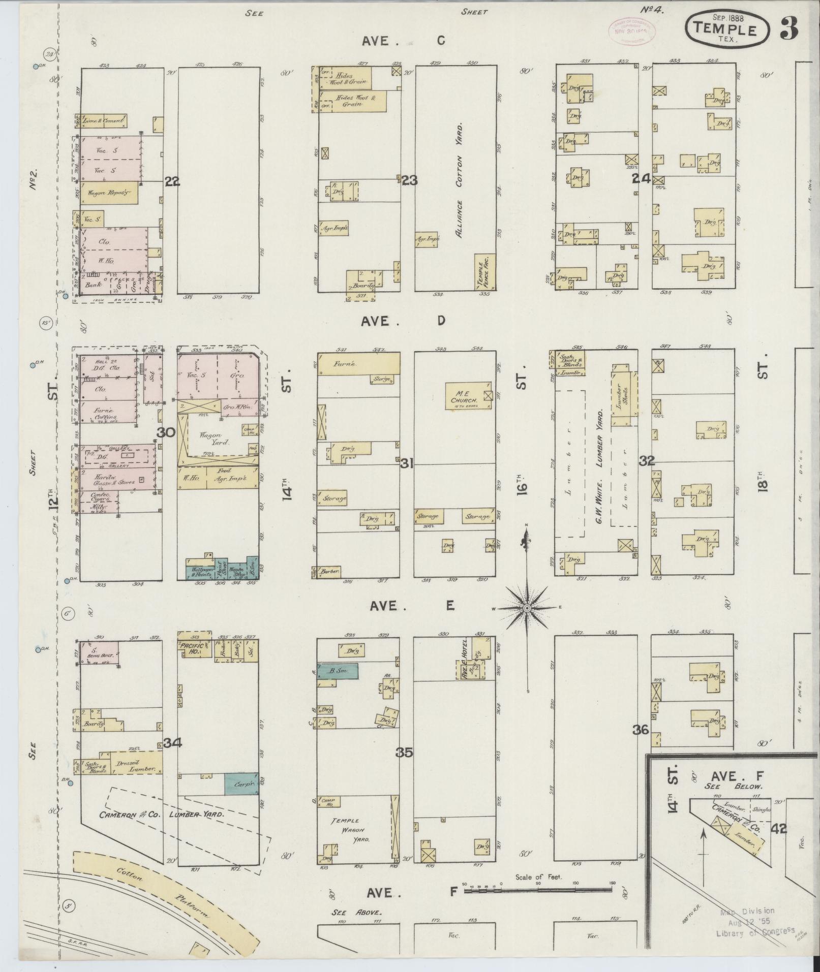 Sanborn Fire Insurance Map from Temple, Bell County, Texas (1888), Sheet #0003 - Complete Map Set gallery image, historic Sanborn map, vintage wall art, Texas Texas