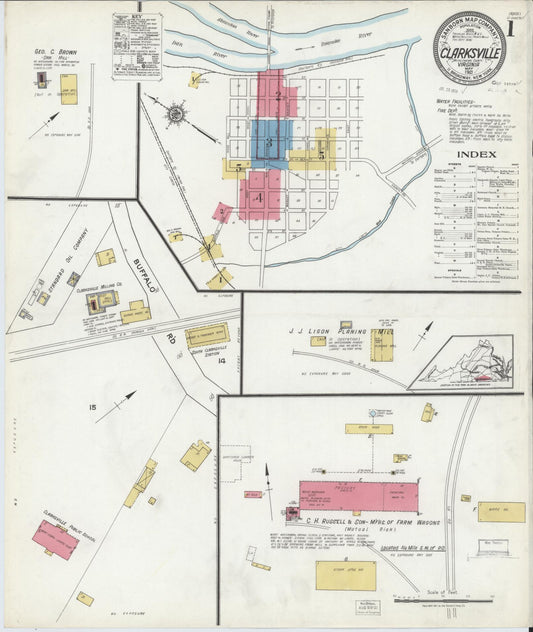 Sanborn Fire Insurance Map from Clarksville, Mecklenburg County, Virginia (1921), Sheet #0001 - Historic Sanborn Fire Insurance Map Print, vintage old map wall art, antique decor, genealogy gift, Virginia Virginia map