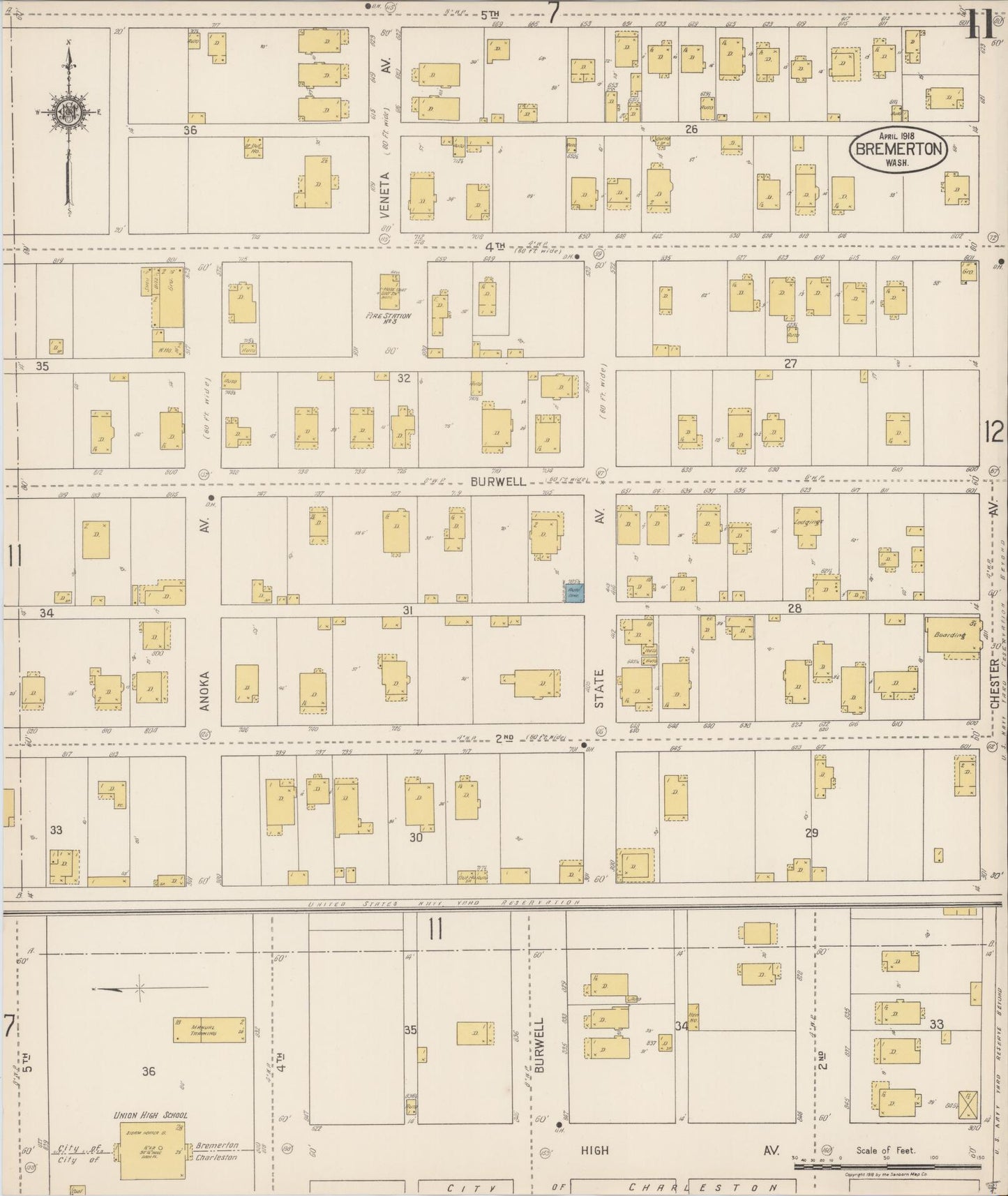 Sanborn Fire Insurance Map from Bremerton, Kitsap County, Washington (1918), Sheet #0011 - Complete Map Set gallery image, historic Sanborn map, vintage wall art, Washington Washington