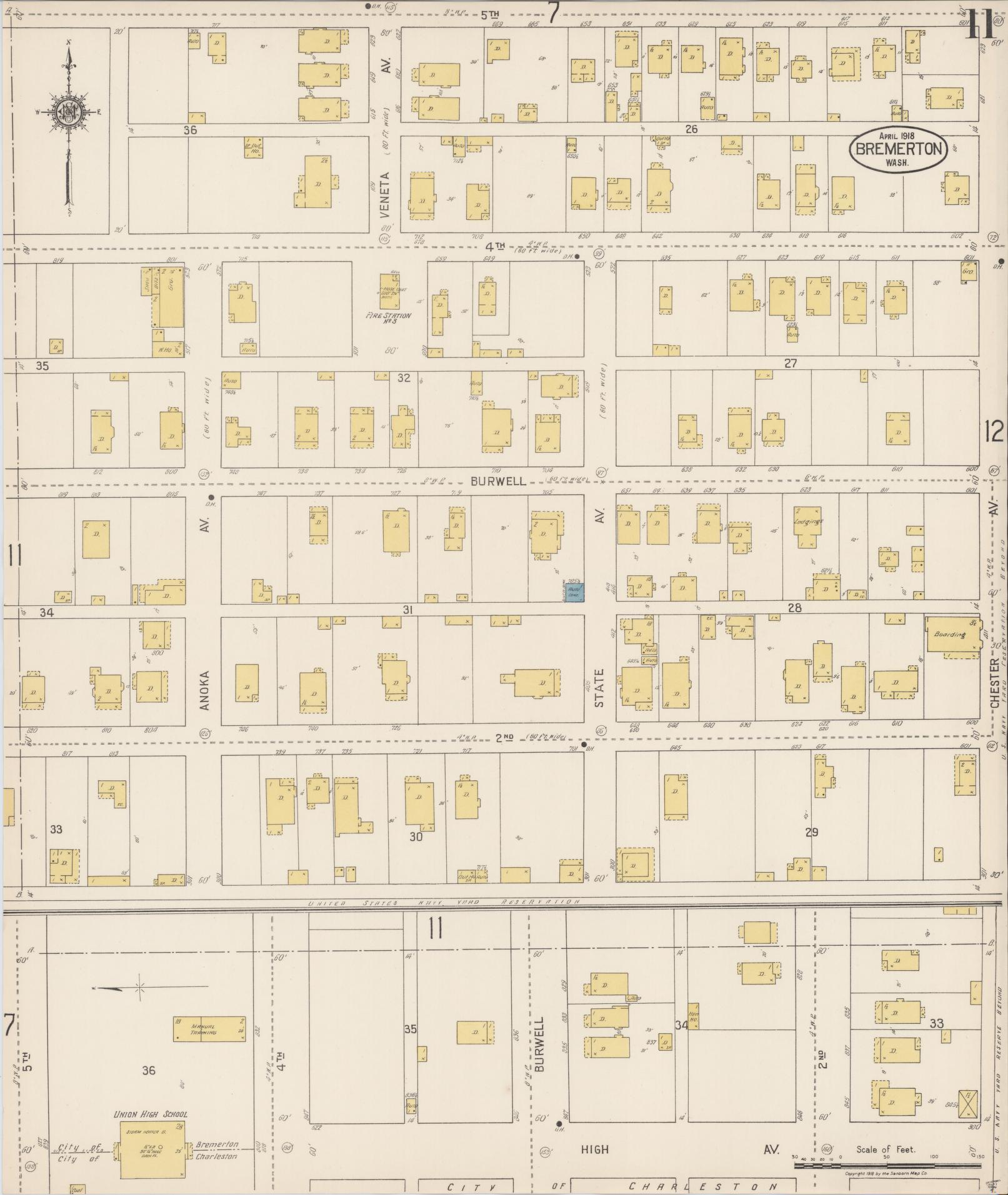 Sanborn Fire Insurance Map from Bremerton, Kitsap County, Washington (1918), Sheet #0011 - Complete Map Set gallery image, historic Sanborn map, vintage wall art, Washington Washington