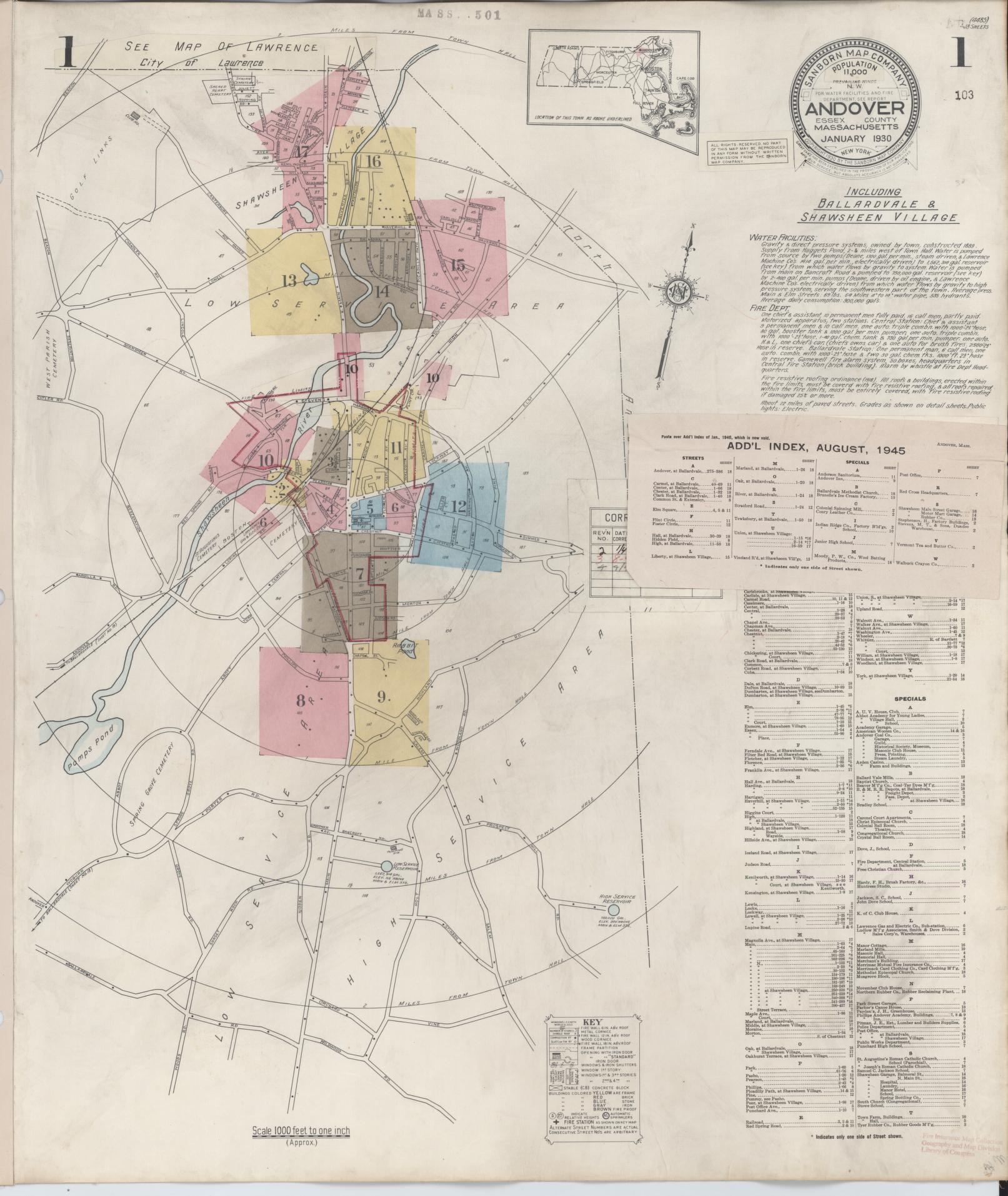 Sanborn Fire Insurance Map from Andover, Essex County, Massachusetts (1949), Sheet #0001 - Historic Sanborn Fire Insurance Map Print, vintage old map wall art, antique decor, genealogy gift, Massachusetts Massachusetts map