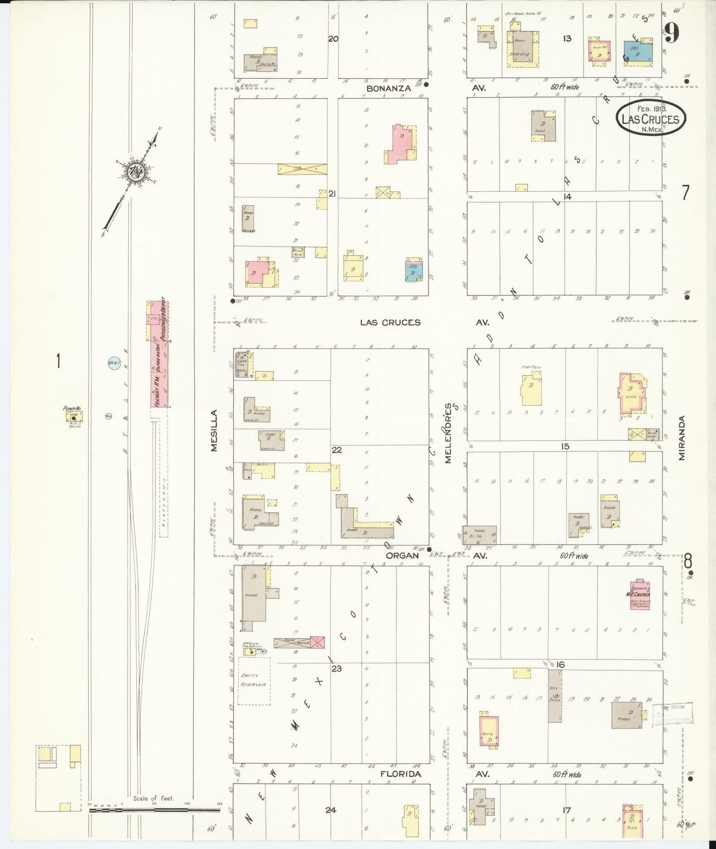 Sanborn Fire Insurance Map from Las Cruces, Dona Ana County, New Mexico (1913), Sheet #0009 - Complete Map Set gallery image, historic Sanborn map, vintage wall art, New Mexico New Mexico