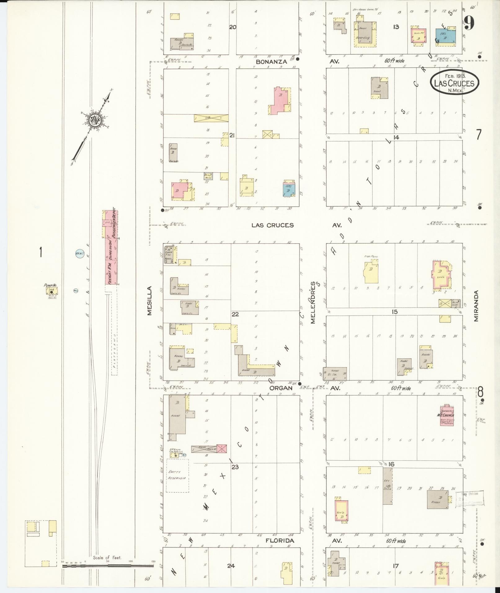 Sanborn Fire Insurance Map from Las Cruces, Dona Ana County, New Mexico (1913), Sheet #0009 - Complete Map Set gallery image, historic Sanborn map, vintage wall art, New Mexico New Mexico