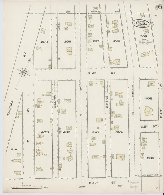 Sanborn Fire Insurance Map from Tacoma, Pierce County, Washington (1885), Sheet #0006 - Historic Sanborn Fire Insurance Map Print, vintage old map wall art, antique decor, genealogy gift, Washington Washington map