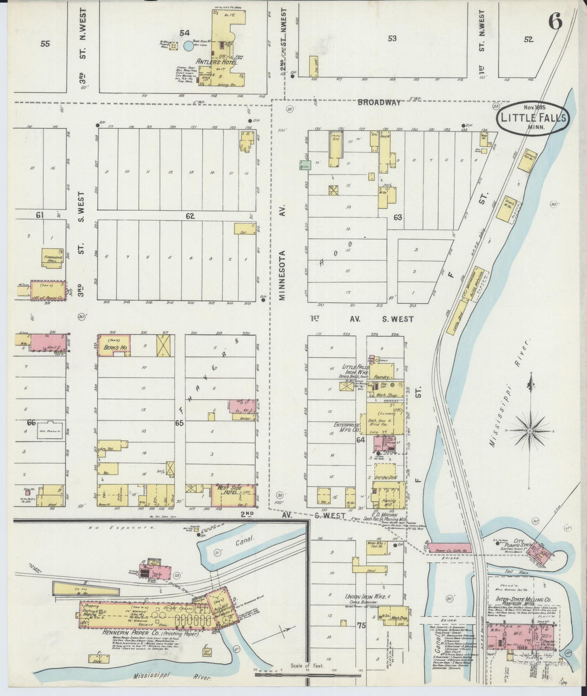 Sanborn Fire Insurance Map from Little Falls, Morrison County, Minnesota (1895), Sheet #0006 - Complete Map Set gallery image, historic Sanborn map, vintage wall art, Minnesota Minnesota