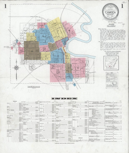 Sanborn Fire Insurance Map from Camden, Ouachita County, Arkansas (1930), Sheet #0001 - Historic Sanborn Fire Insurance Map Print, vintage old map wall art, antique decor, genealogy gift, Arkansas Arkansas map