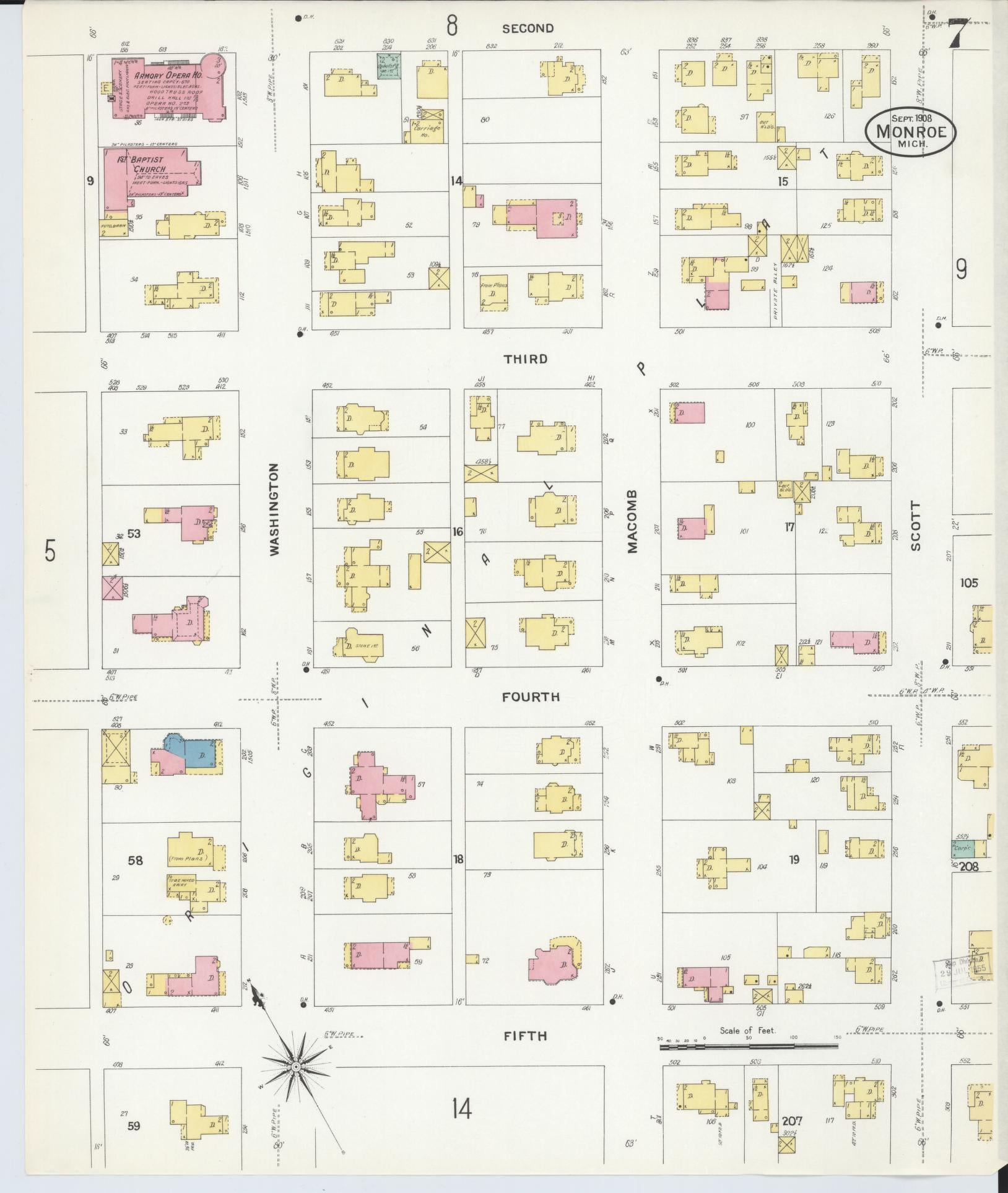 Sanborn Fire Insurance Map from Monroe, Monroe County, Michigan (1908), Sheet #0007 - Historic Sanborn Fire Insurance Map Print, vintage old map wall art, antique decor, genealogy gift, Michigan Michigan map
