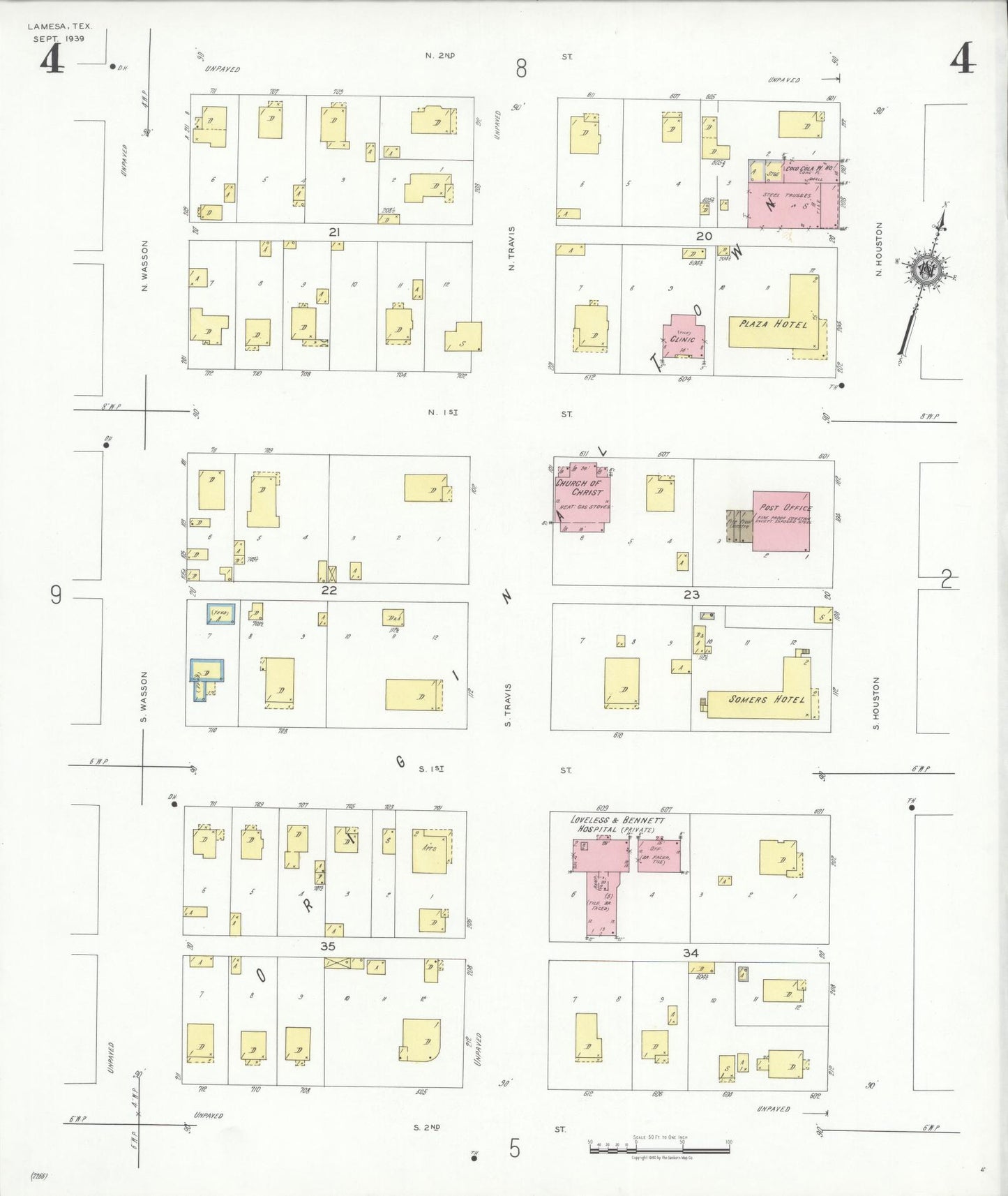 Sanborn Fire Insurance Map from Lamesa, Dawson County, Texas (1939), Sheet #0004 - Historic Sanborn Fire Insurance Map Print, vintage old map wall art, antique decor, genealogy gift, Texas Texas map