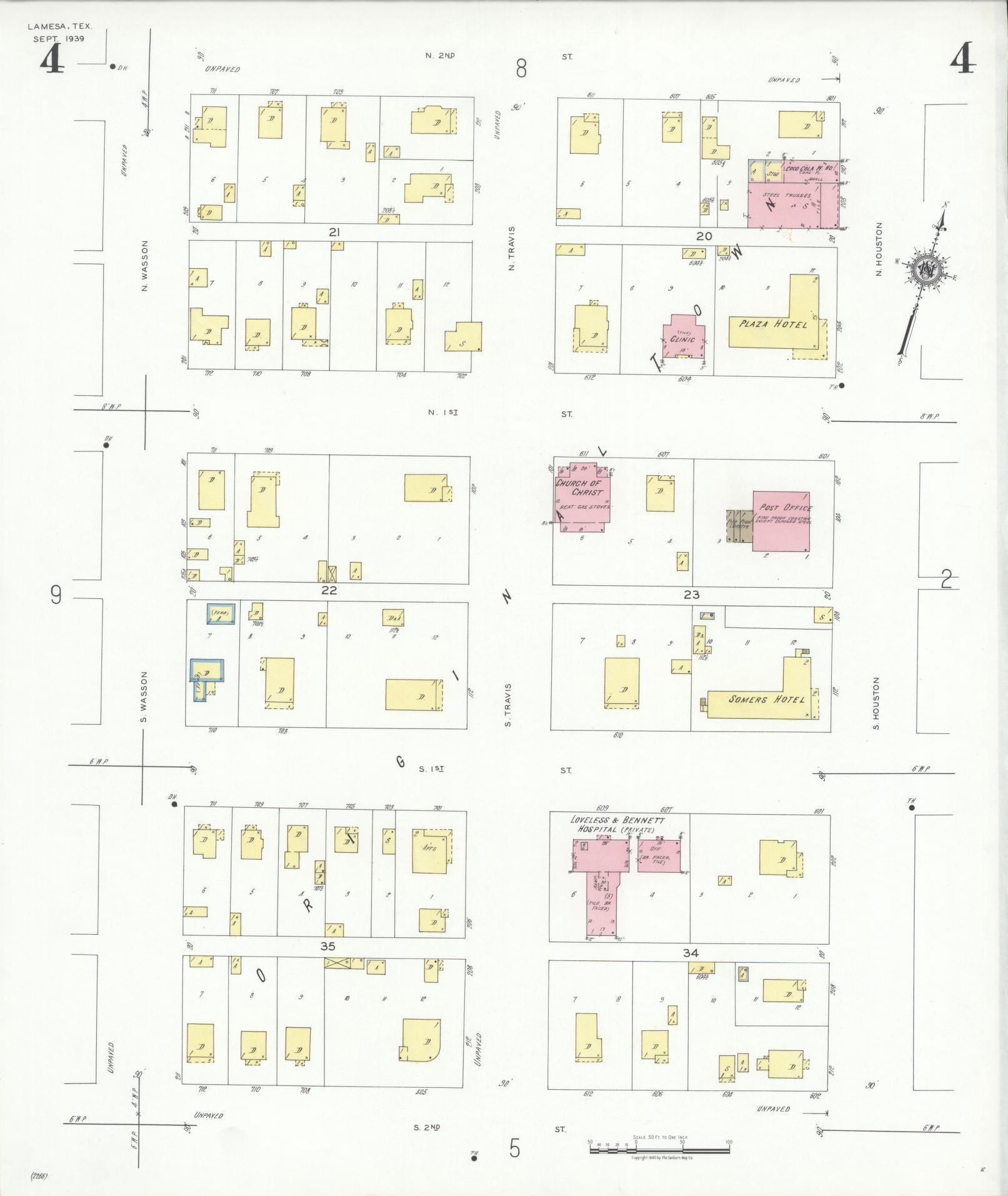 Sanborn Fire Insurance Map from Lamesa, Dawson County, Texas (1939), Sheet #0004 - Historic Sanborn Fire Insurance Map Print, vintage old map wall art, antique decor, genealogy gift, Texas Texas map
