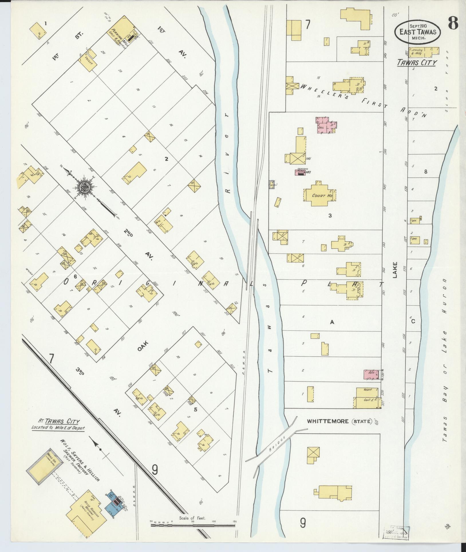 Sanborn Fire Insurance Map from East Tawas, Iosco County, Michigan (1910), Sheet #0008 - Historic Sanborn Fire Insurance Map Print, vintage old map wall art, antique decor, genealogy gift, Michigan Michigan map