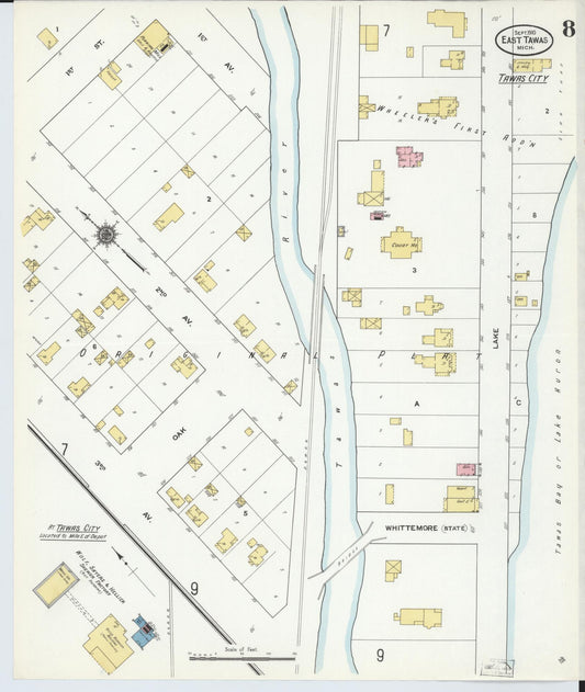 Sanborn Fire Insurance Map from East Tawas, Iosco County, Michigan (1910), Sheet #0008 - Historic Sanborn Fire Insurance Map Print, vintage old map wall art, antique decor, genealogy gift, Michigan Michigan map