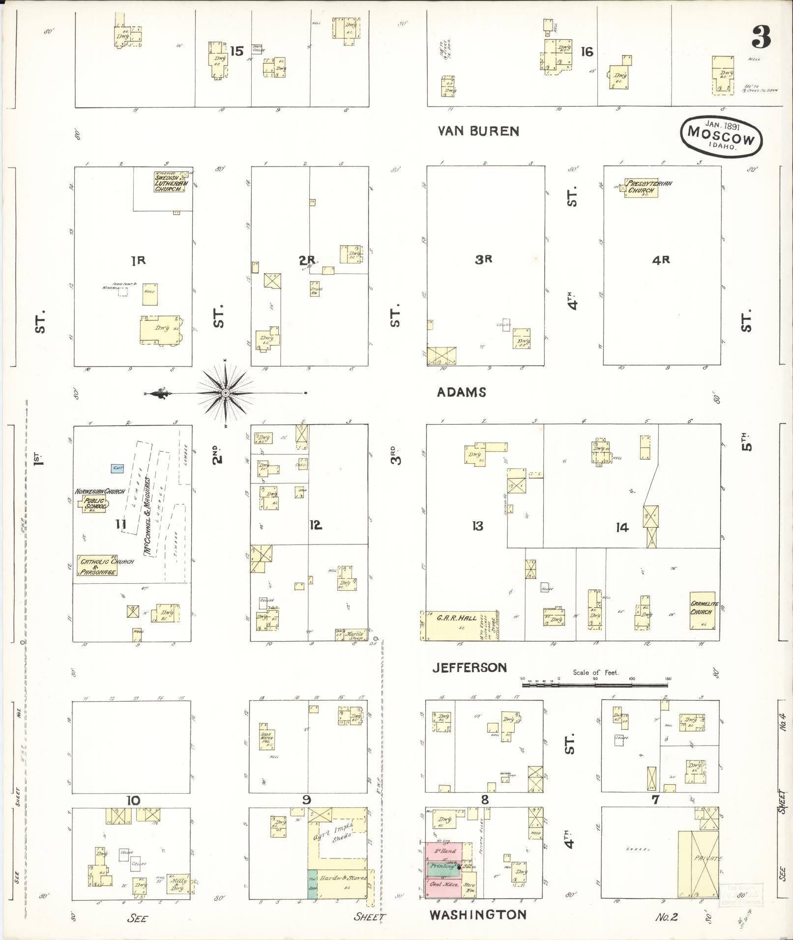 Sanborn Fire Insurance Map from Moscow, Latah County, Idaho (1891), Sheet #0003 - Historic Sanborn Fire Insurance Map Print, vintage old map wall art, antique decor, genealogy gift, Idaho Idaho map
