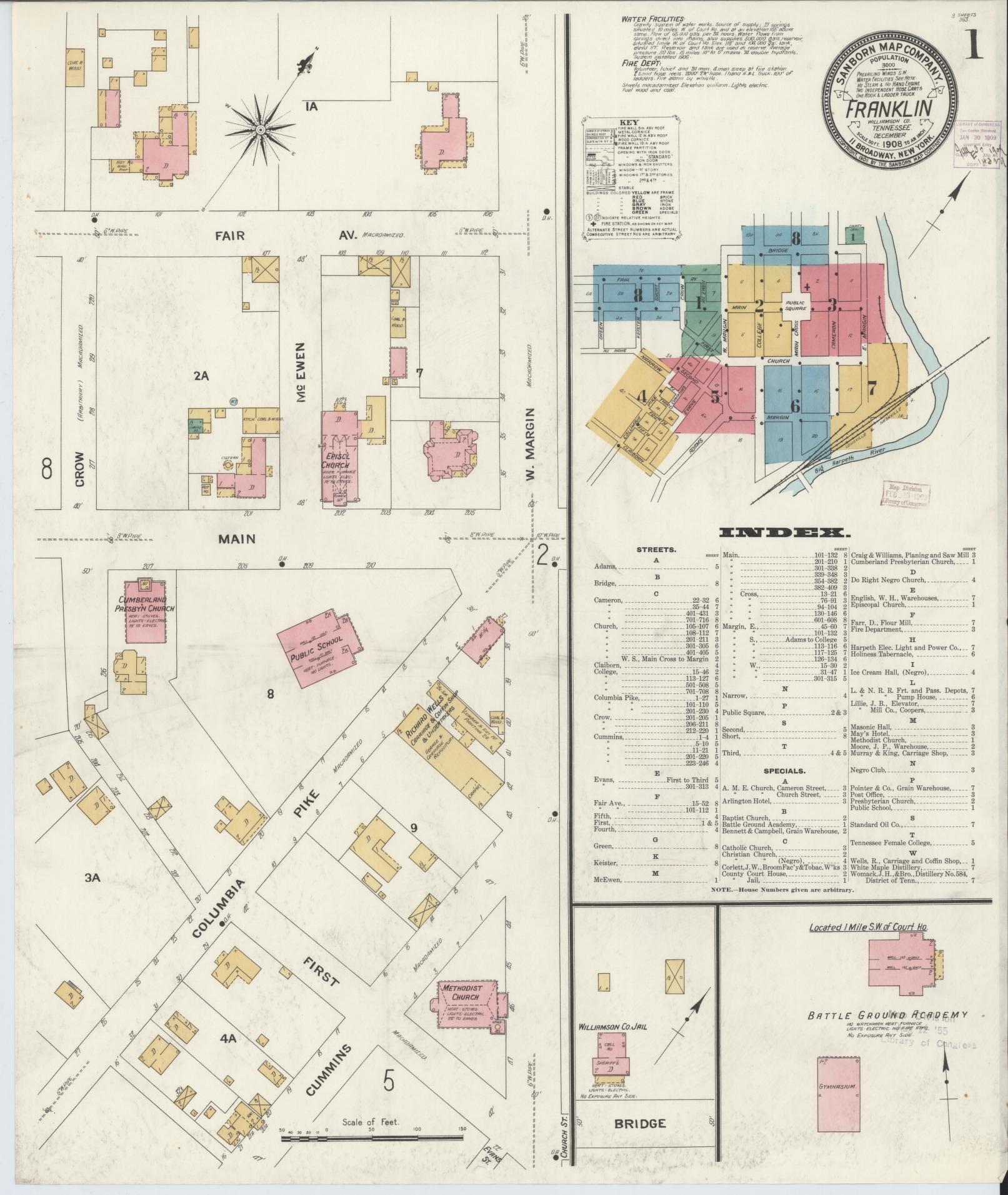 Sanborn Fire Insurance Map from Franklin, Williamson County, Tennessee (1908), Sheet #0001 - Complete Map Set gallery image, historic Sanborn map, vintage wall art, Tennessee Tennessee