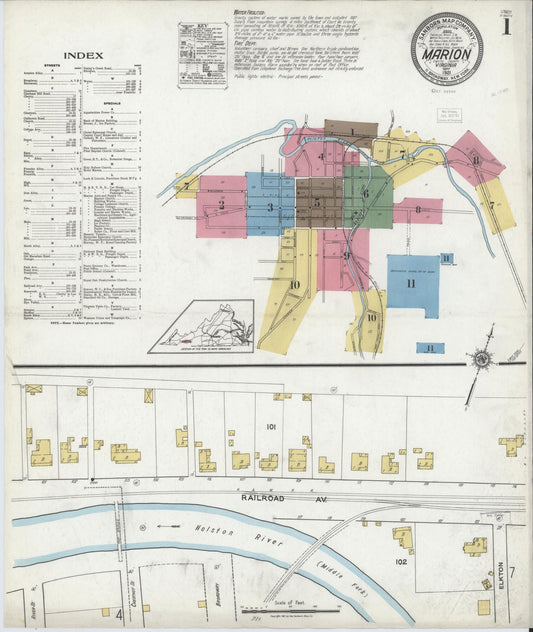 Sanborn Fire Insurance Map from Marion, Smyth County, Virginia (1921), Sheet #0001 - Historic Sanborn Fire Insurance Map Print, vintage old map wall art, antique decor, genealogy gift, Virginia Virginia map