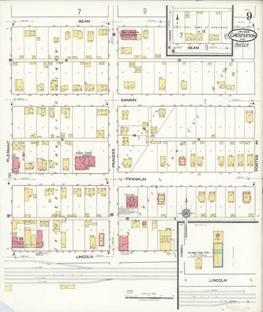 Sanborn Fire Insurance Map from Chesterton, Porter County, Indiana (1922), Sheet #0009 - Historic Sanborn Fire Insurance Map Print, vintage old map wall art, antique decor, genealogy gift, Indiana Indiana map