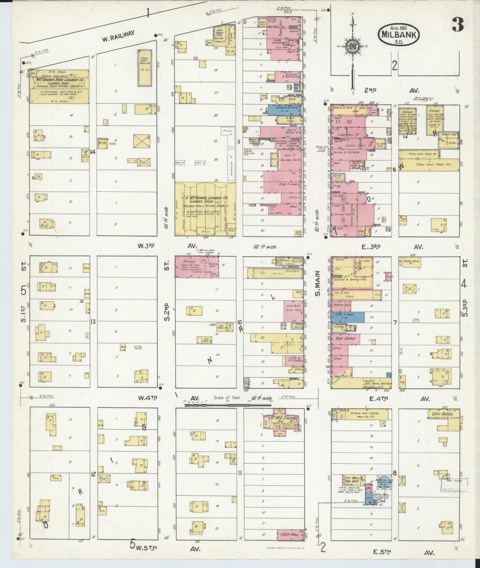 Sanborn Fire Insurance Map from Milbank, Grant County, South Dakota (1916), Sheet #0003 - Complete Map Set gallery image, historic Sanborn map, vintage wall art, South Dakota South Dakota