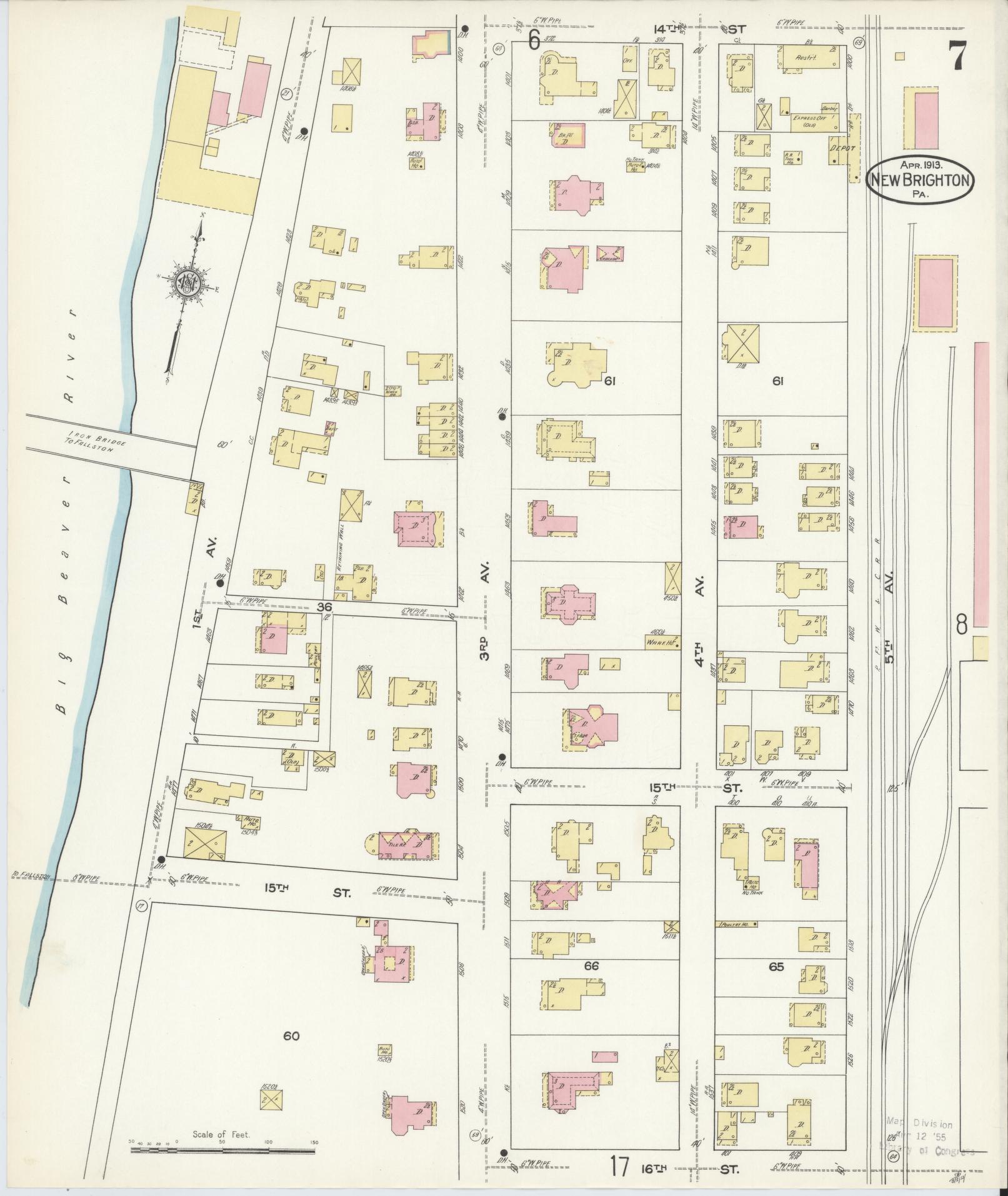 Sanborn Fire Insurance Map from New Brighton, Beaver County, Pennsylvania (1913), Sheet #0007 - Complete Map Set gallery image, historic Sanborn map, vintage wall art, Pennsylvania Pennsylvania
