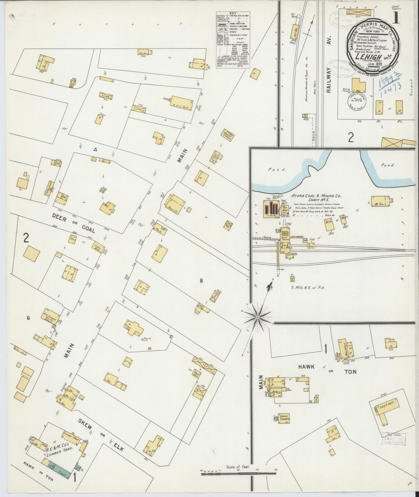 Sanborn Fire Insurance Map from Lehigh, Coal County, Oklahoma (1899), Sheet #0001 - Complete Map Set gallery image, historic Sanborn map, vintage wall art, Oklahoma Oklahoma