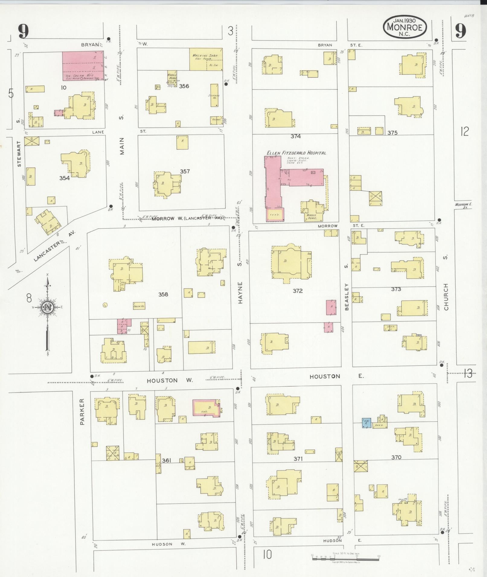 Sanborn Fire Insurance Map from Monroe, Union County, North Carolina (1930), Sheet #0009 - Complete Map Set gallery image, historic Sanborn map, vintage wall art, North Carolina North Carolina