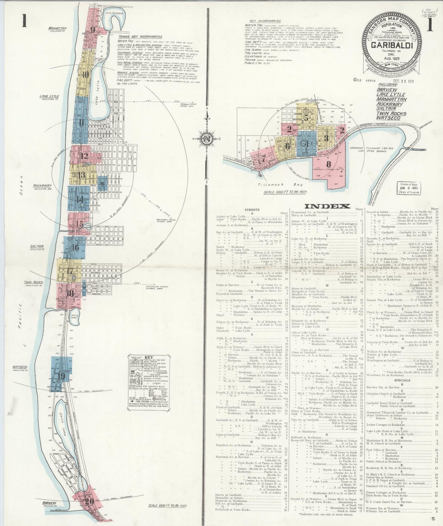 Sanborn Fire Insurance Map from Garibaldi, Tillamook County, Oregon (1929), Sheet #0001 - Complete Map Set gallery image, historic Sanborn map, vintage wall art, Oregon Oregon