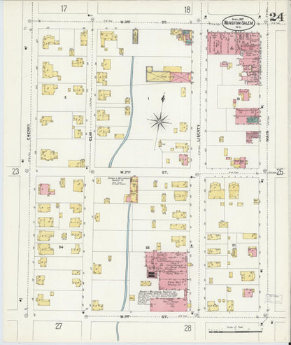 Sanborn Fire Insurance Map from Winston-Salem, Forsyth County, North Carolina (1907), Sheet #0024 - Historic Sanborn Fire Insurance Map Print, vintage old map wall art, antique decor, genealogy gift, North Carolina North Carolina map
