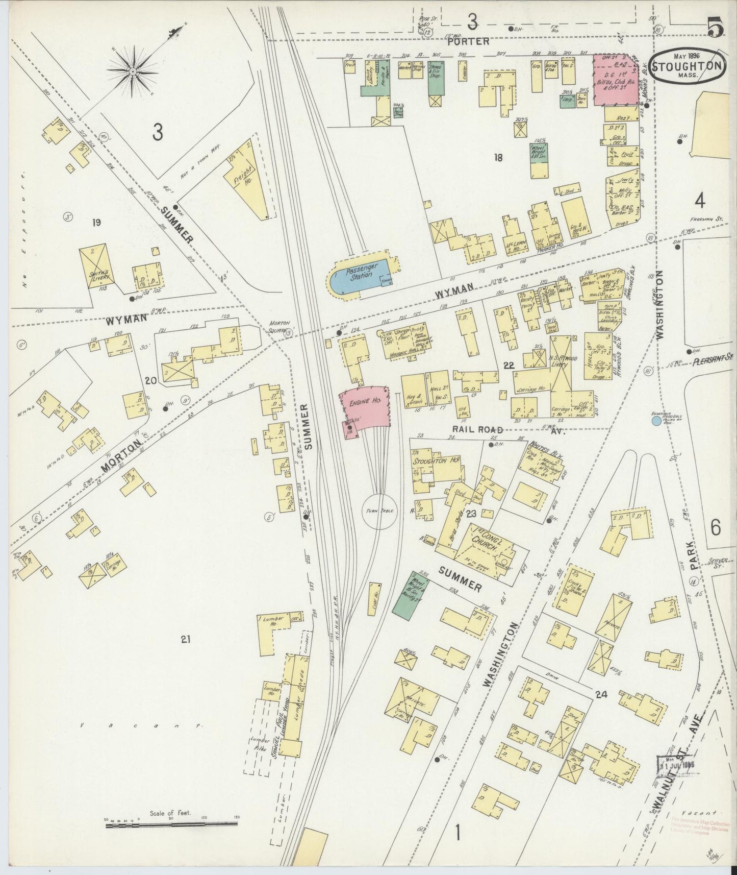 Sanborn Fire Insurance Map from Stoughton, Norfolk County, Massachusetts (1896), Sheet #0005 - Historic Sanborn Fire Insurance Map Print, vintage old map wall art, antique decor, genealogy gift, Massachusetts Massachusetts map