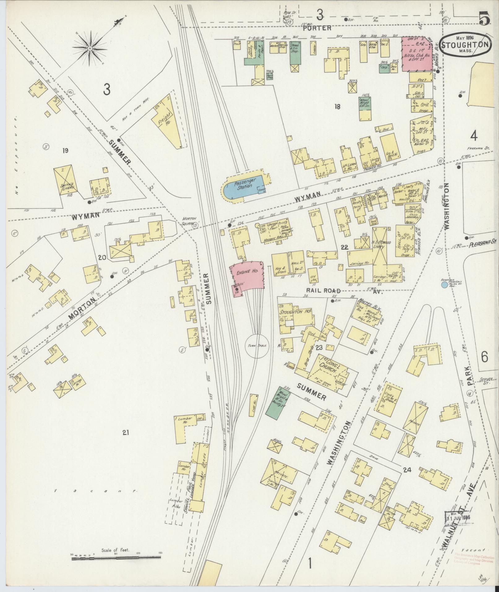 Sanborn Fire Insurance Map from Stoughton, Norfolk County, Massachusetts (1896), Sheet #0005 - Historic Sanborn Fire Insurance Map Print, vintage old map wall art, antique decor, genealogy gift, Massachusetts Massachusetts map