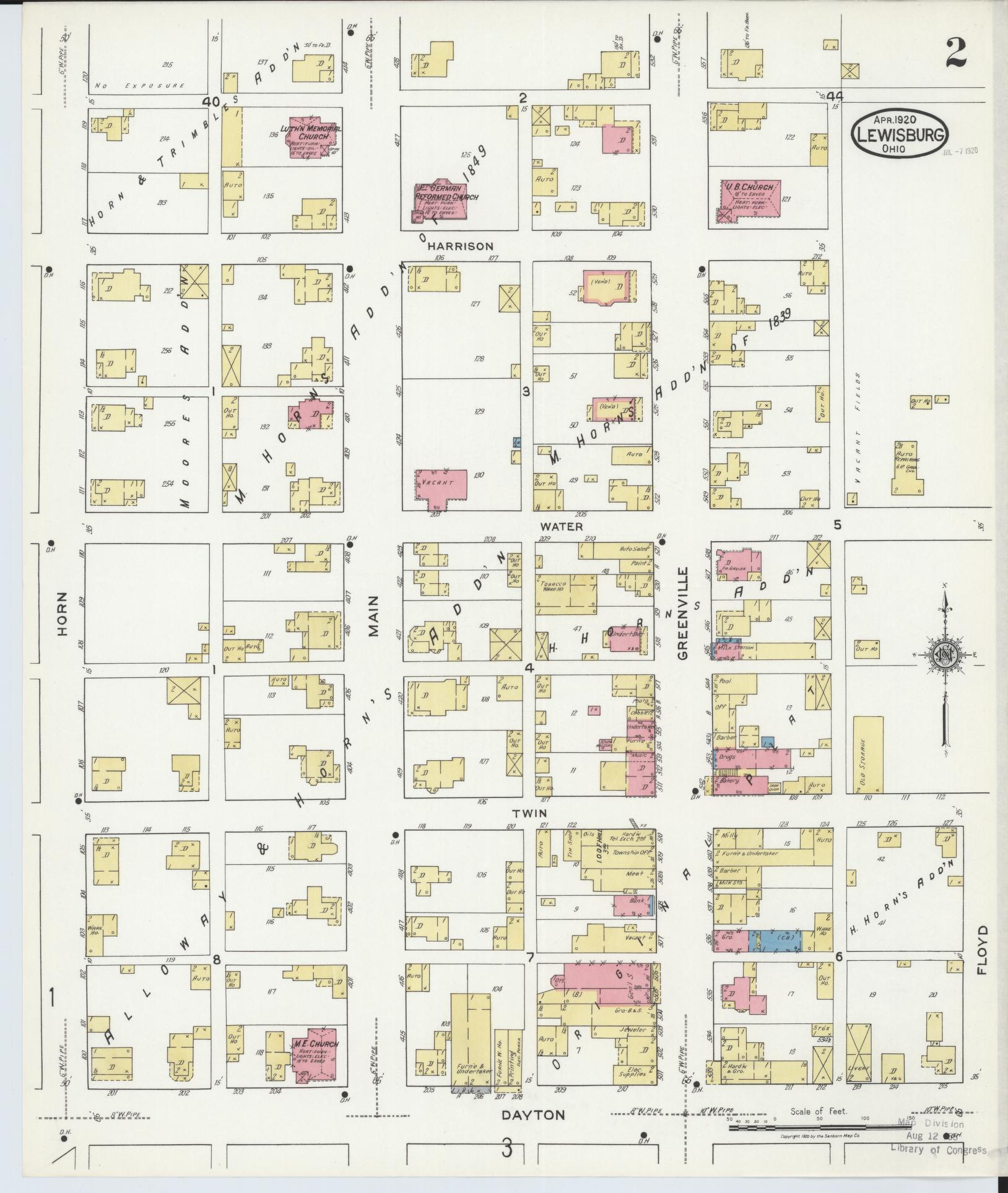 Sanborn Fire Insurance Map from Lewisburg, Preble County, Ohio (1920), Sheet #0002 - Complete Map Set gallery image, historic Sanborn map, vintage wall art, Ohio Ohio