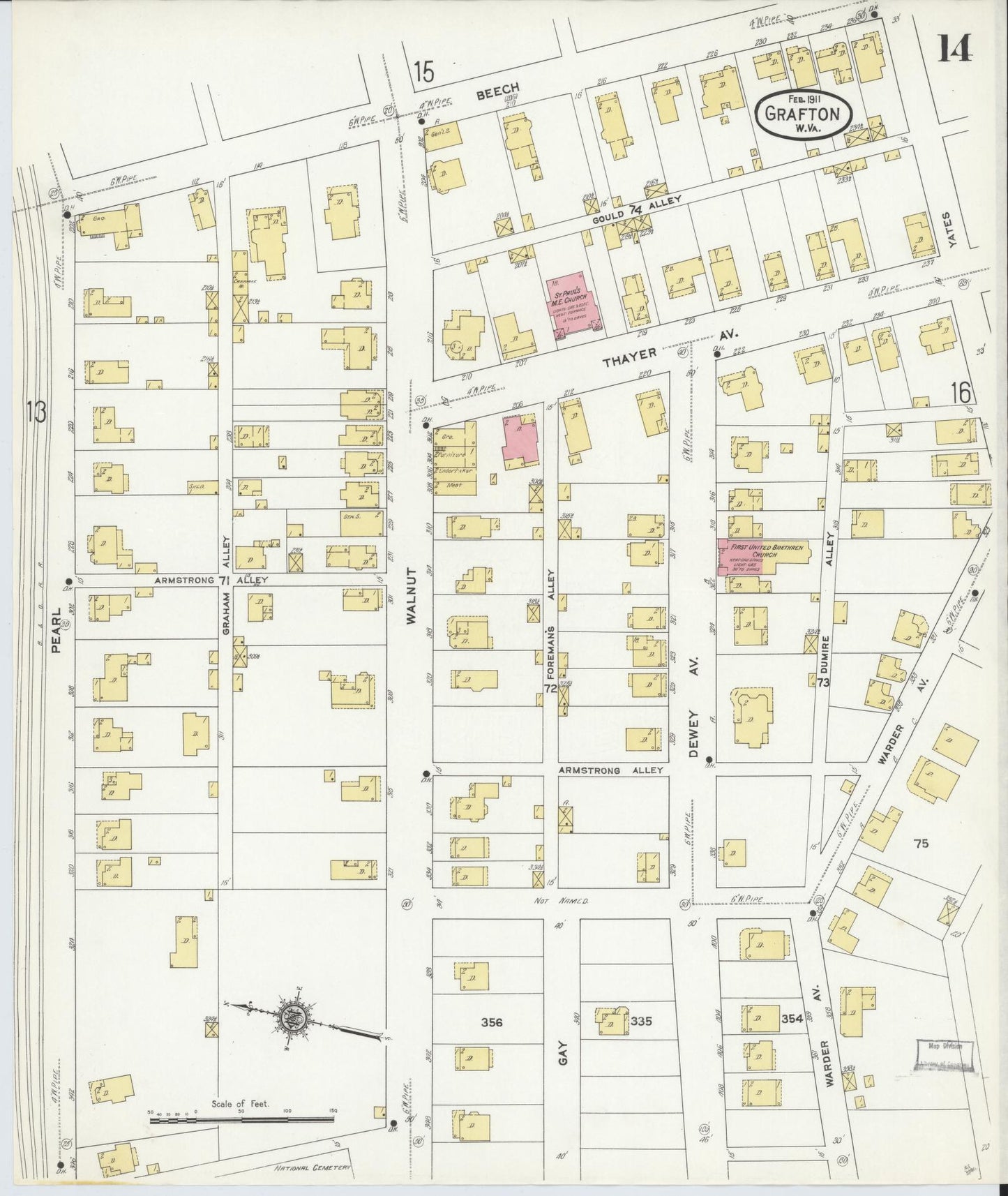 Sanborn Fire Insurance Map from Grafton, Taylor County, West Virginia (1911), Sheet #0014 - Historic Sanborn Fire Insurance Map Print, vintage old map wall art, antique decor, genealogy gift, West Virginia West Virginia map