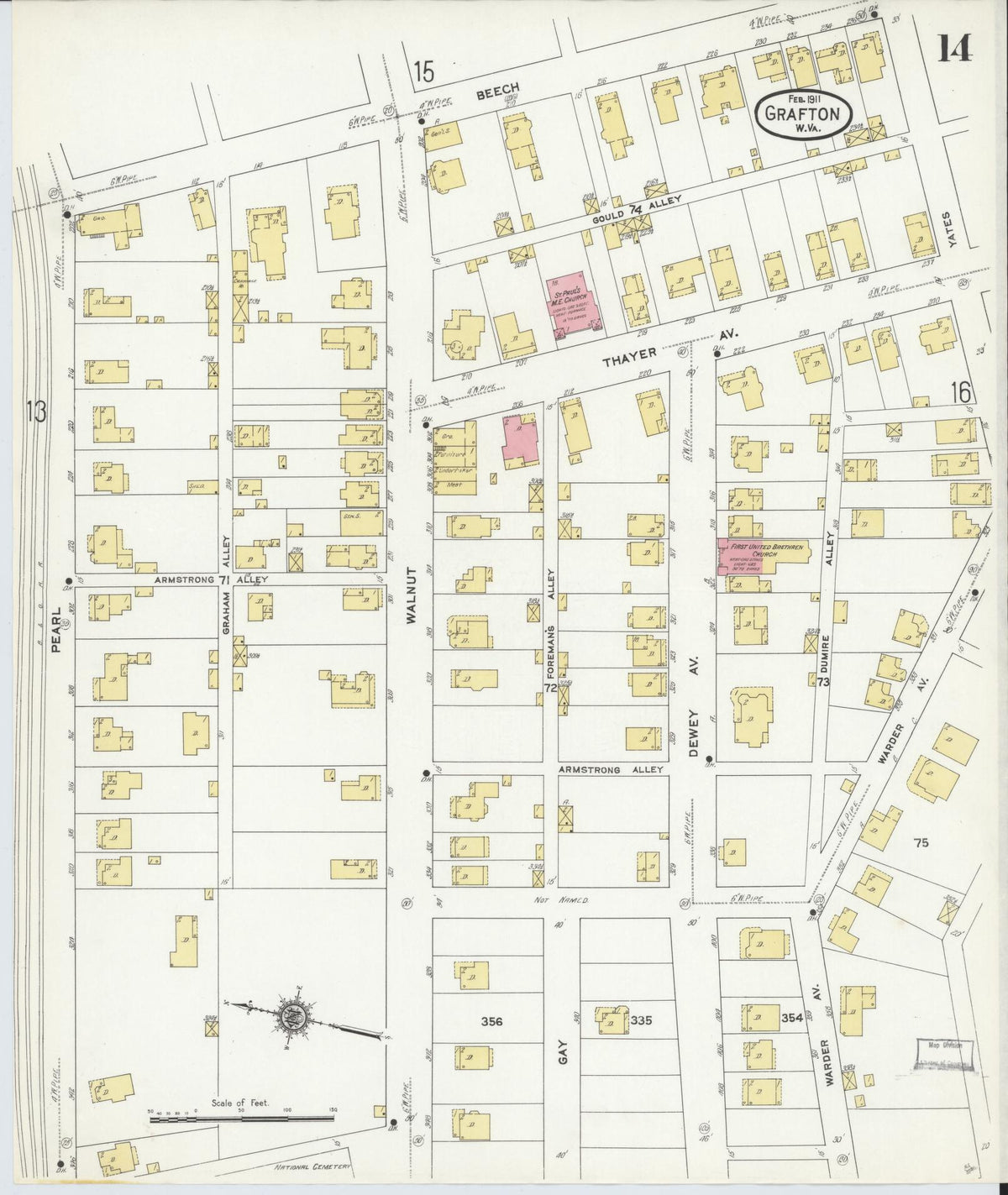 Sanborn Fire Insurance Map from Grafton, Taylor County, West Virginia (1911), Sheet #0014 - Historic Sanborn Fire Insurance Map Print, vintage old map wall art, antique decor, genealogy gift, West Virginia West Virginia map